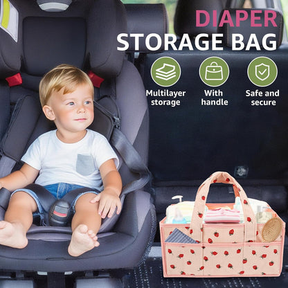 Baby Diaper Caddy Organizer, Portable Nappy Caddy Storage Basket with Handle, Diaper Storage Basket Bin, Multi Compartment Nursery StorageBasket, Nursery Storage Bin for Newborn Essential. (Pink)