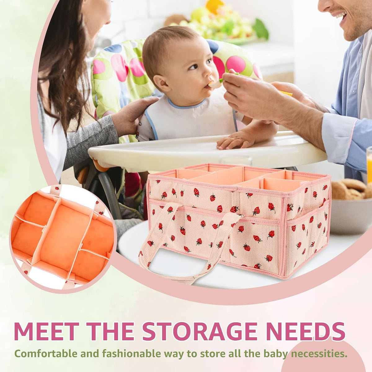 Baby Diaper Caddy Organizer, Portable Nappy Caddy Storage Basket with Handle, Diaper Storage Basket Bin, Multi Compartment Nursery StorageBasket, Nursery Storage Bin for Newborn Essential. (Pink)