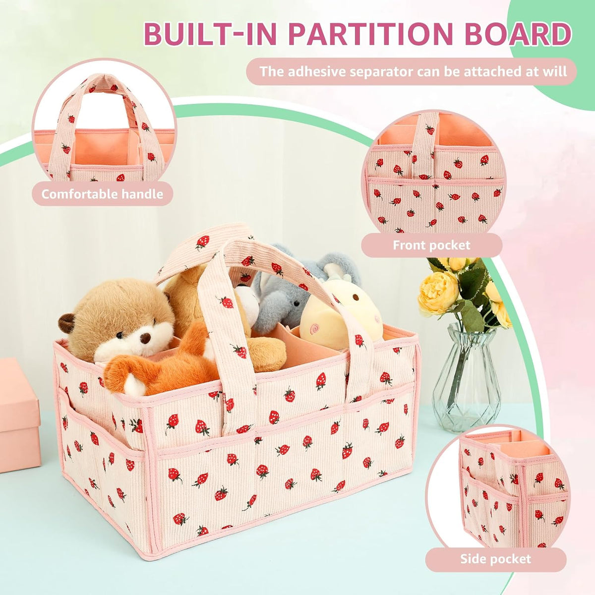 Baby Diaper Caddy Organizer, Portable Nappy Caddy Storage Basket with Handle, Diaper Storage Basket Bin, Multi Compartment Nursery StorageBasket, Nursery Storage Bin for Newborn Essential. (Pink)