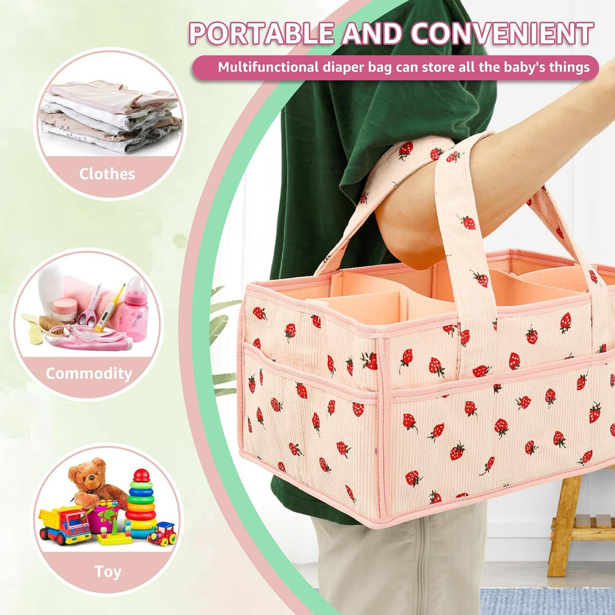 Baby Diaper Caddy Organizer, Portable Nappy Caddy Storage Basket with Handle, Diaper Storage Basket Bin, Multi Compartment Nursery StorageBasket, Nursery Storage Bin for Newborn Essential. (Pink)