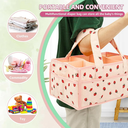 Baby Diaper Caddy Organizer, Portable Nappy Caddy Storage Basket with Handle, Diaper Storage Basket Bin, Multi Compartment Nursery StorageBasket, Nursery Storage Bin for Newborn Essential. (Pink)