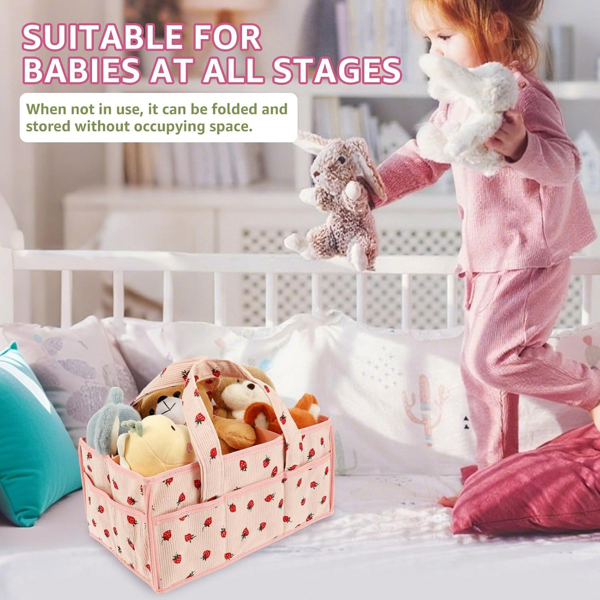 Baby Diaper Caddy Organizer, Portable Nappy Caddy Storage Basket with Handle, Diaper Storage Basket Bin, Multi Compartment Nursery StorageBasket, Nursery Storage Bin for Newborn Essential. (Pink)