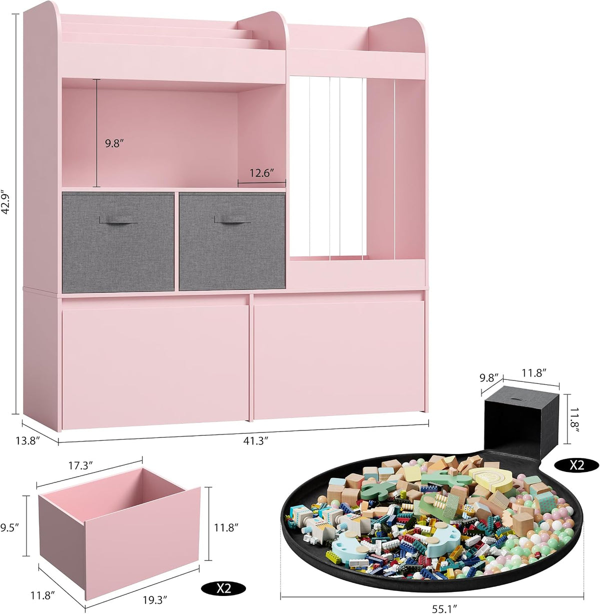 42.9'' Toy Storage, Large Stuffed Animal Holder with Toy Chest and Play Mat, Toy Organizer with Kids Bookshelf, Wooden Organization with 2 Movable Drawers for Kids Room Bedroom Playroom,White