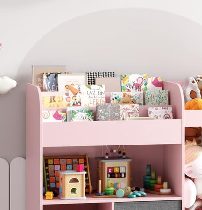 42.9'' Toy Storage, Large Stuffed Animal Holder with Toy Chest and Play Mat, Toy Organizer with Kids Bookshelf, Wooden Organization with 2 Movable Drawers for Kids Room Bedroom Playroom,White