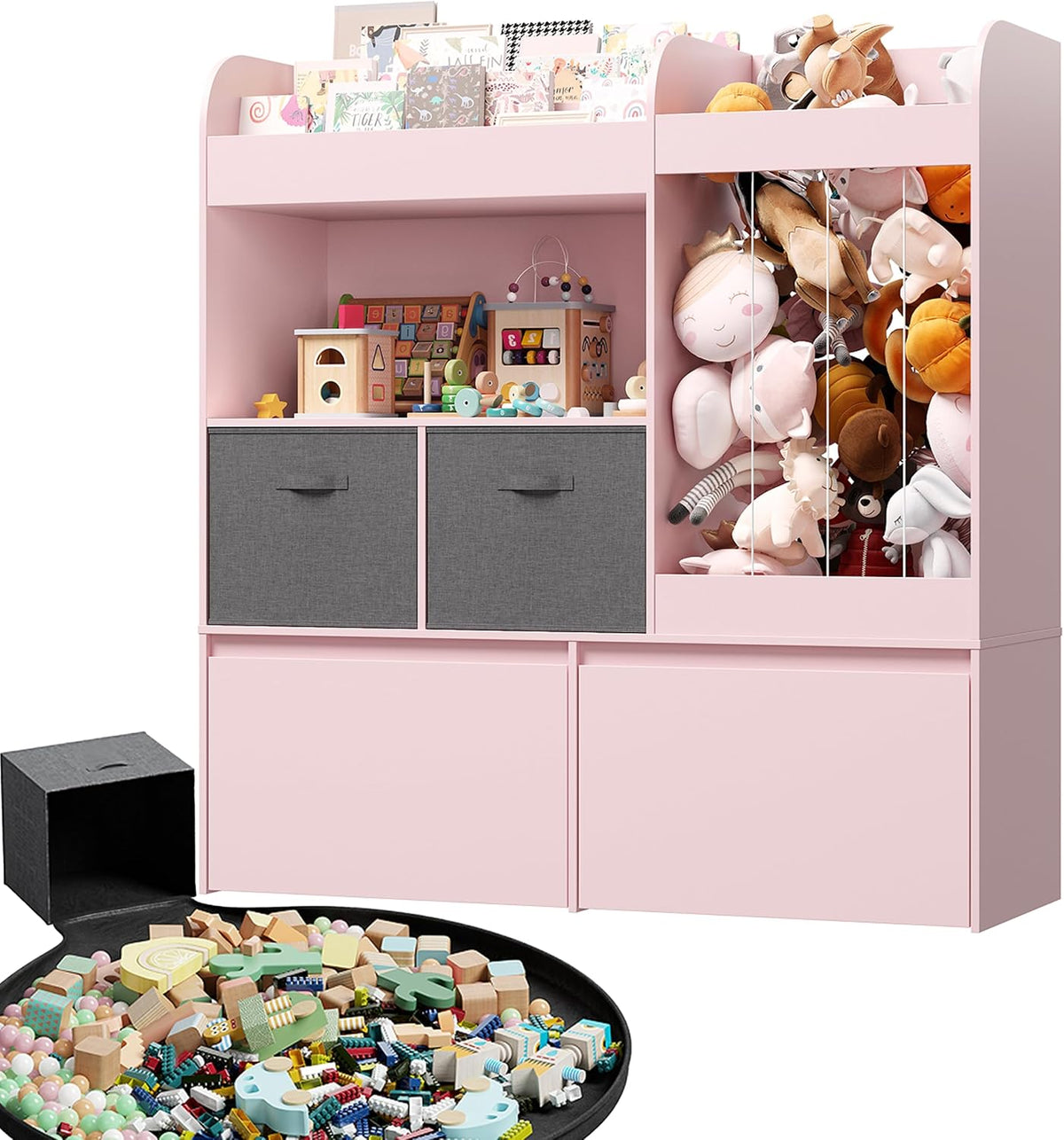 42.9'' Toy Storage, Large Stuffed Animal Holder with Toy Chest and Play Mat, Toy Organizer with Kids Bookshelf, Wooden Organization with 2 Movable Drawers for Kids Room Bedroom Playroom,White