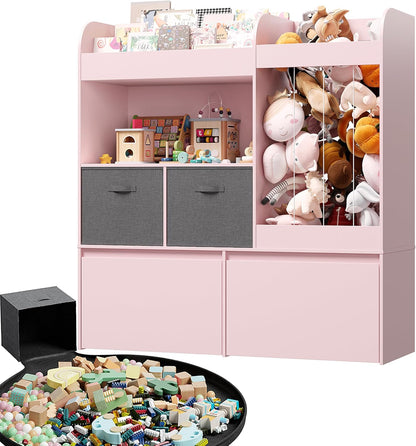 42.9'' Toy Storage, Large Stuffed Animal Holder with Toy Chest and Play Mat, Toy Organizer with Kids Bookshelf, Wooden Organization with 2 Movable Drawers for Kids Room Bedroom Playroom,White