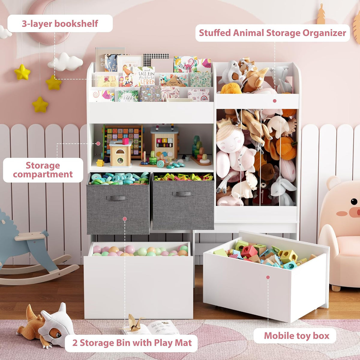 42.9'' Toy Storage, Large Stuffed Animal Holder with Toy Chest and Play Mat, Toy Organizer with Kids Bookshelf, Wooden Organization with 2 Movable Drawers for Kids Room Bedroom Playroom,White