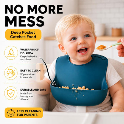 Baby Silicone Bibs 3 Pack, Waterproof BPA-Free Bib for Babies and Toddlers 6-36 Months, Food Catcher Pocket, Adjustable Reusable Feeding Accessory, Easy Clean Baby Led Weaning Essential