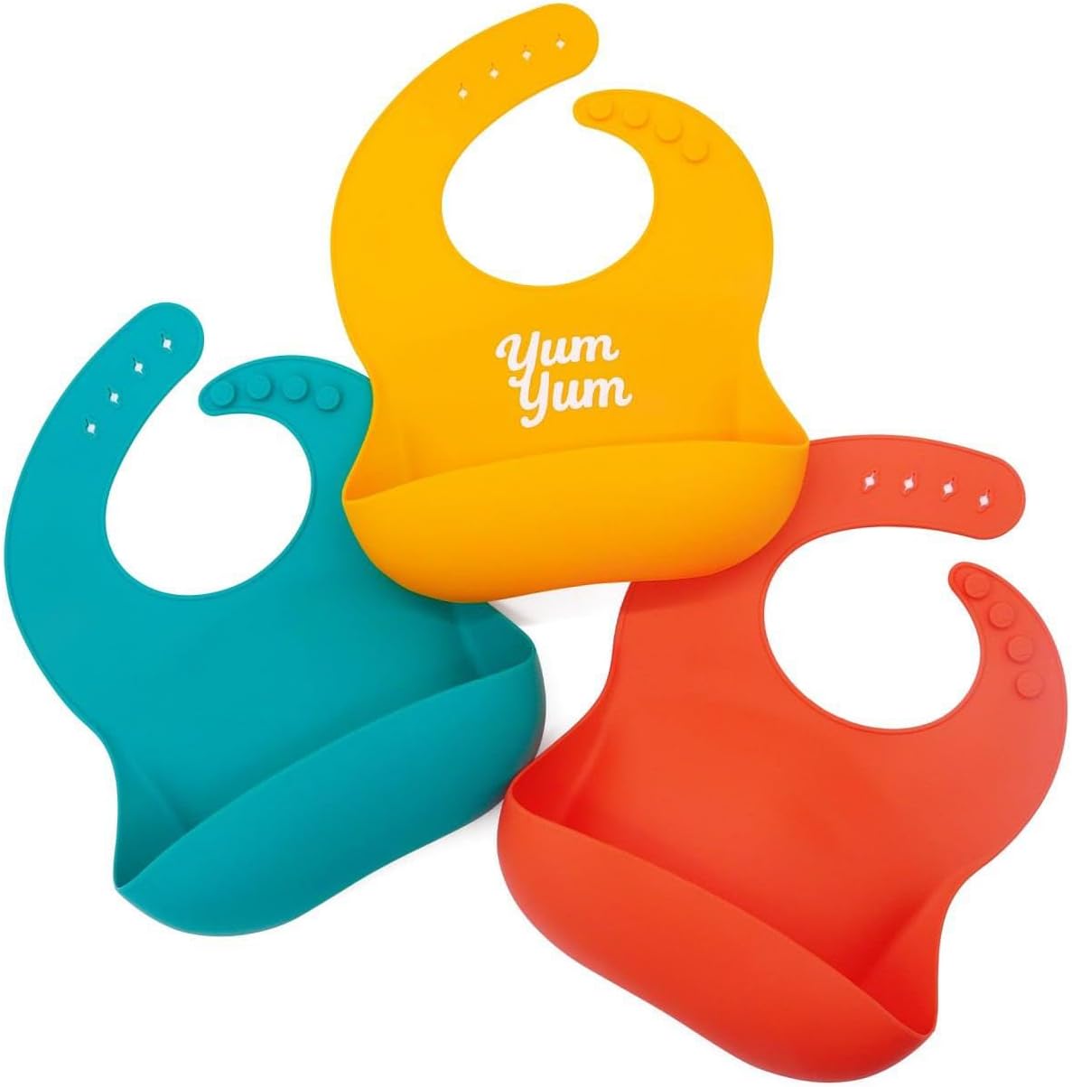 Baby Silicone Bibs 3 Pack, Waterproof BPA-Free Bib for Babies and Toddlers 6-36 Months, Food Catcher Pocket, Adjustable Reusable Feeding Accessory, Easy Clean Baby Led Weaning Essential