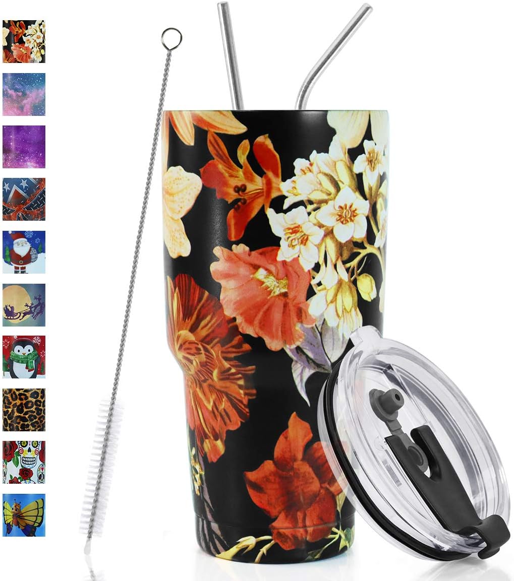 30oz Tumbler Double Wall Stainless Steel Vacuum Insulated Travel Mug with Splash-Proof Lid Metal Straw and Brush