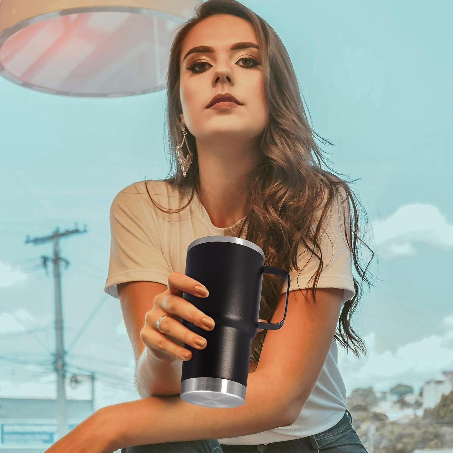 20 oz Tumbler with Handle and Lid Insulated Travel Coffee Mug LightBlue 1P | Stainless Steel Tumbler, coffee tumbler with handle,Spill Proof Double Wall Vacuum Tumbler Cup Keep Drink Hot & Cold