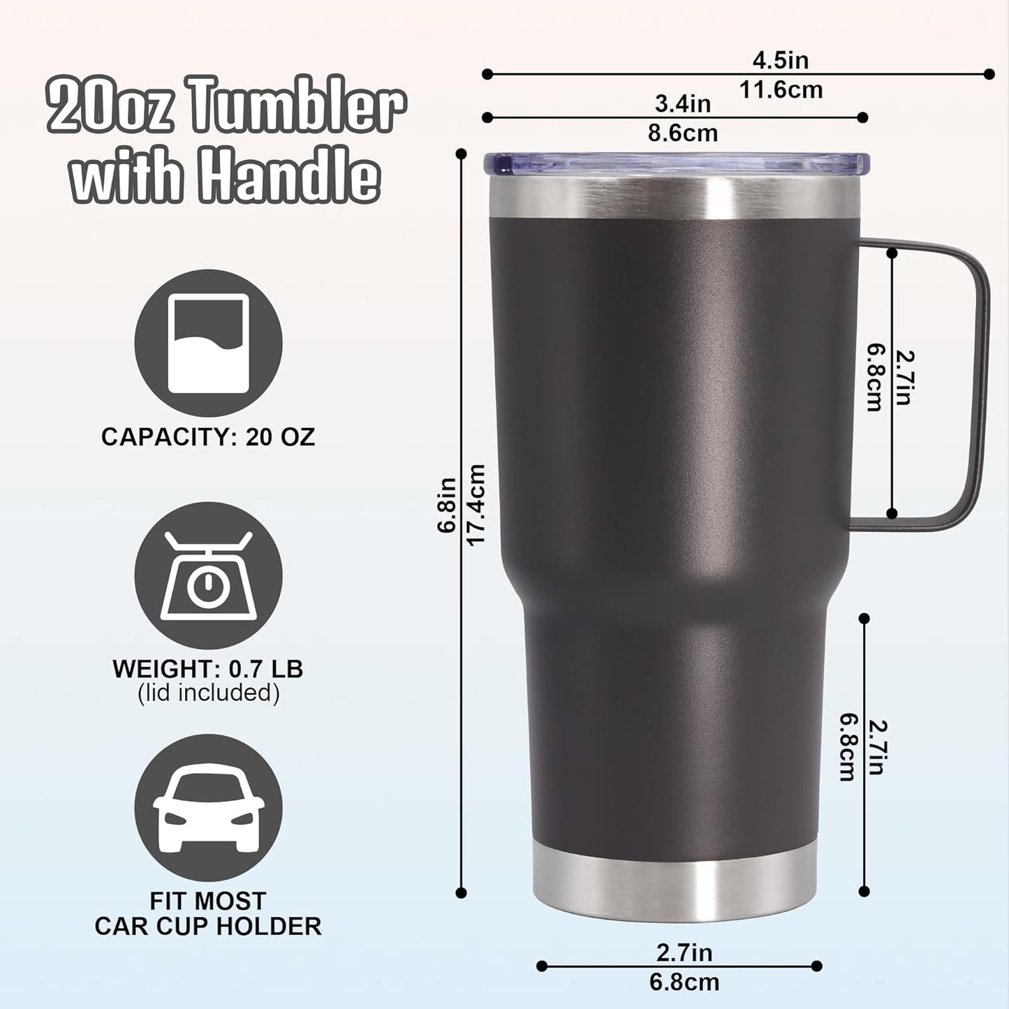20 oz Tumbler with Handle and Lid Insulated Travel Coffee Mug LightBlue 1P | Stainless Steel Tumbler, coffee tumbler with handle,Spill Proof Double Wall Vacuum Tumbler Cup Keep Drink Hot & Cold
