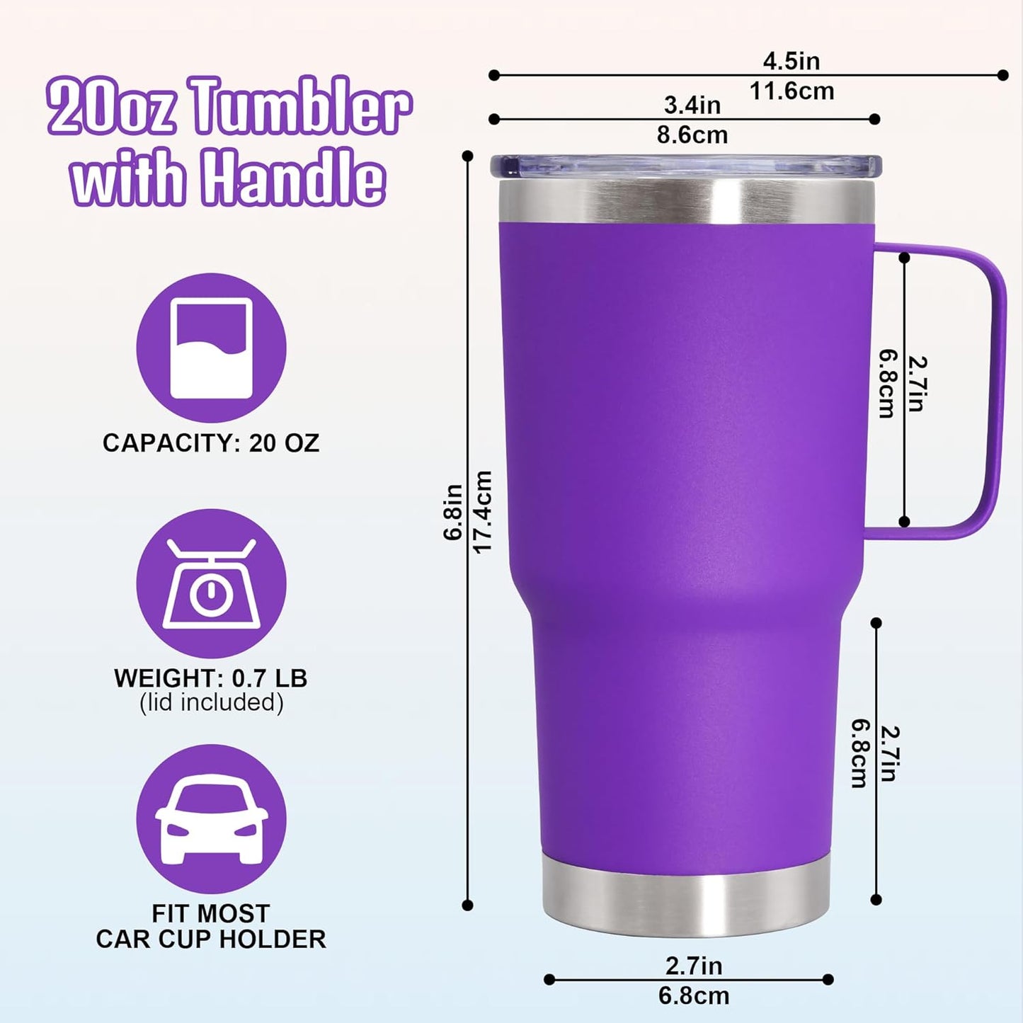 20 oz Tumbler with Handle and Lid Insulated Travel Coffee Mug LightBlue 1P | Stainless Steel Tumbler, coffee tumbler with handle,Spill Proof Double Wall Vacuum Tumbler Cup Keep Drink Hot & Cold