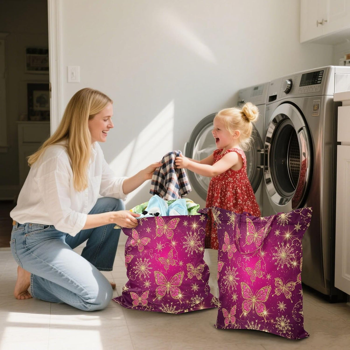 Snowflake Butterflies Waterproof Travel Laundry Bag Washable 2pk