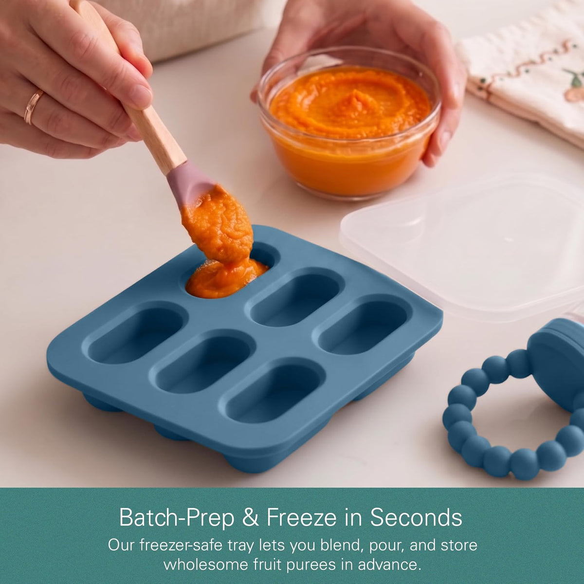 Silicone Baby Fruit Feeders with Freezer Tray for Batch Prep, Set of 2 – Safe & Convenient, Includes Extra Pouches & Travel Lids, Dishwasher Safe