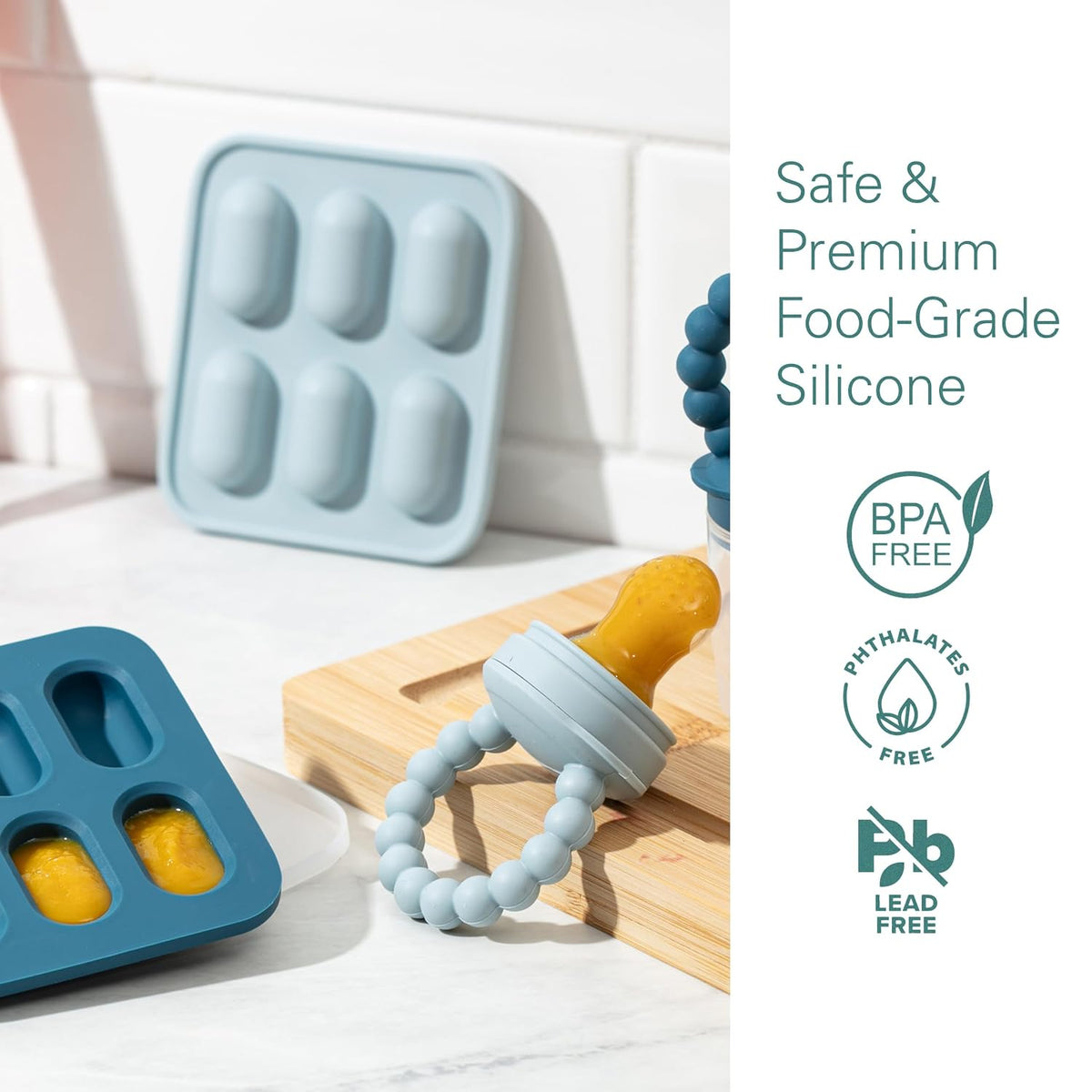 Silicone Baby Fruit Feeders with Freezer Tray for Batch Prep, Set of 2 – Safe & Convenient, Includes Extra Pouches & Travel Lids, Dishwasher Safe