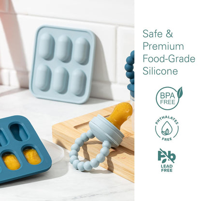 Silicone Baby Fruit Feeders with Freezer Tray for Batch Prep, Set of 2 – Safe & Convenient, Includes Extra Pouches & Travel Lids, Dishwasher Safe
