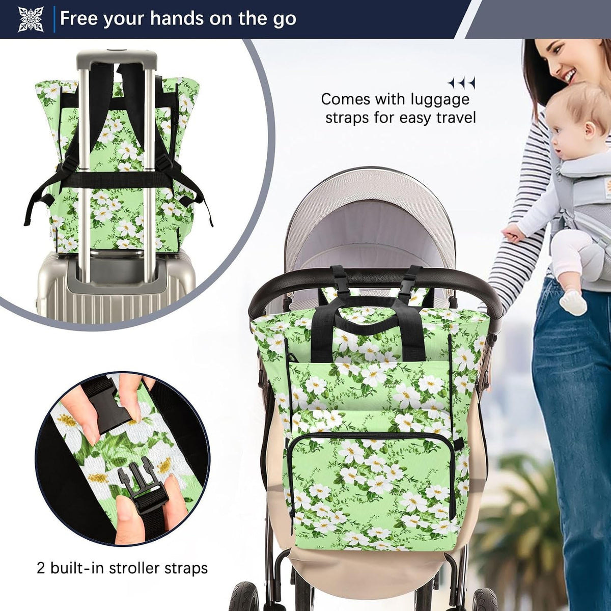 Diaper Bag Backpack, Multifunction Travel Bag for Moms Dads, Baby Changing Bag with Insulted Pockets, Stroller Straps and Side Bottle Pockets Meadow Floral Pattern