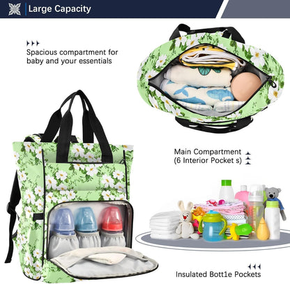 Diaper Bag Backpack, Multifunction Travel Bag for Moms Dads, Baby Changing Bag with Insulted Pockets, Stroller Straps and Side Bottle Pockets Meadow Floral Pattern