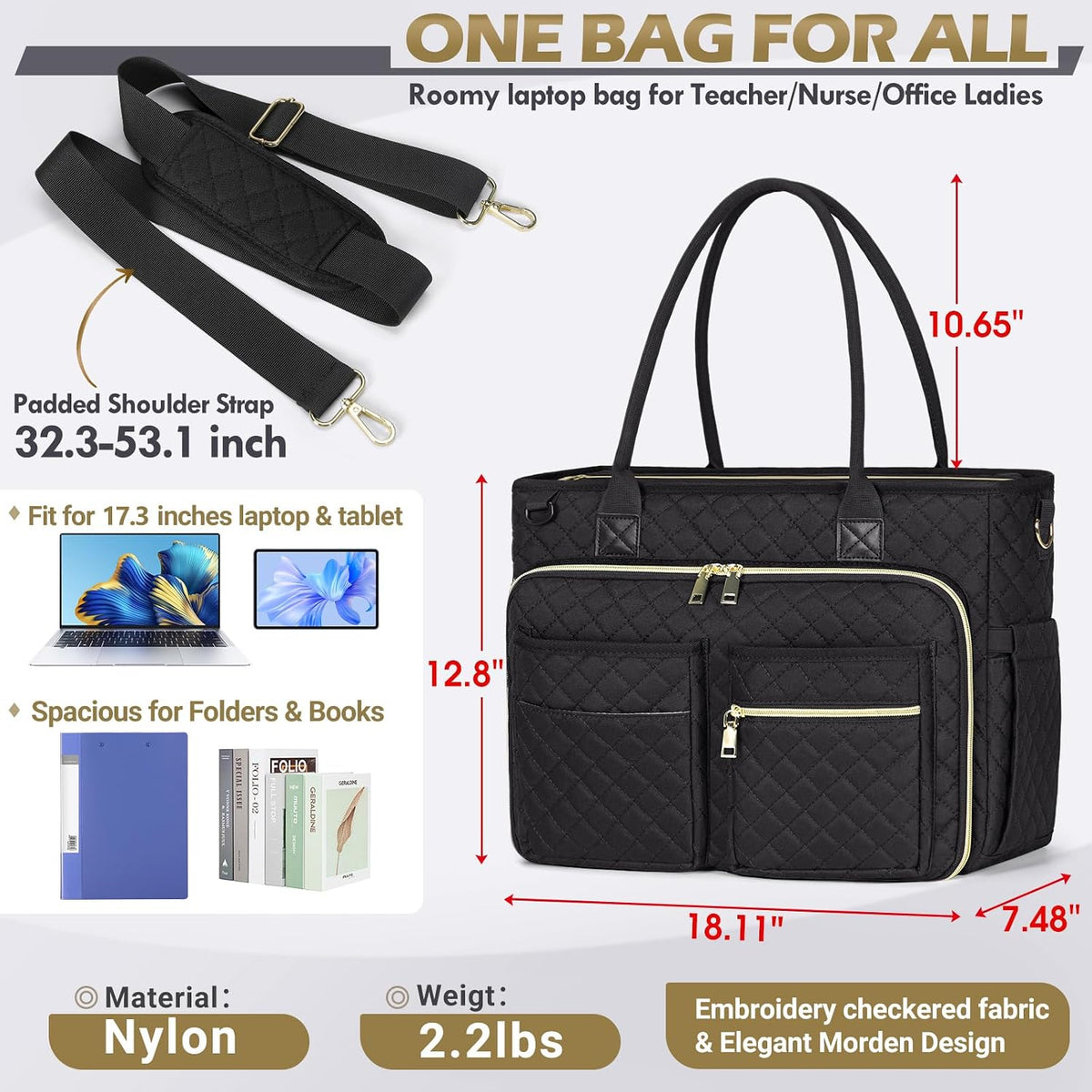 Teacher Tote Bag 15.6 inch Laptop Bag for Women Work Bags Laptop Tote Nurse Bag Professional Computer Messenger with Insulated Pocket, Laptop Briefcase for Office, College, Nursing, Khkai
