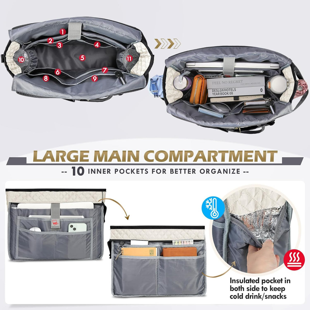 Teacher Tote Bag 15.6 inch Laptop Bag for Women Work Bags Laptop Tote Nurse Bag Professional Computer Messenger with Insulated Pocket, Laptop Briefcase for Office, College, Nursing, Khkai