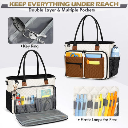 Teacher Tote Bag 15.6 inch Laptop Bag for Women Work Bags Laptop Tote Nurse Bag Professional Computer Messenger with Insulated Pocket, Laptop Briefcase for Office, College, Nursing, Khkai