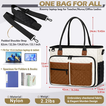 Teacher Tote Bag 15.6 inch Laptop Bag for Women Work Bags Laptop Tote Nurse Bag Professional Computer Messenger with Insulated Pocket, Laptop Briefcase for Office, College, Nursing, Khkai