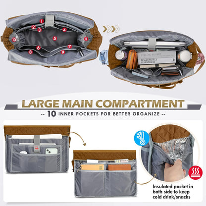 Teacher Tote Bag 15.6 inch Laptop Bag for Women Work Bags Laptop Tote Nurse Bag Professional Computer Messenger with Insulated Pocket, Laptop Briefcase for Office, College, Nursing, Khkai