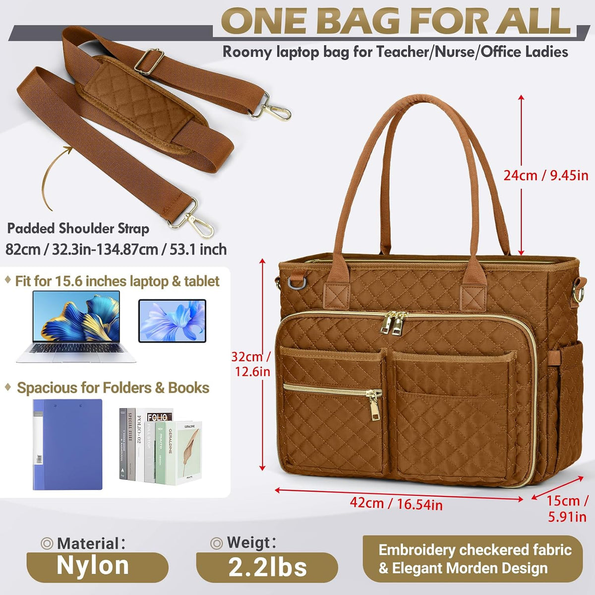 Teacher Tote Bag 15.6 inch Laptop Bag for Women Work Bags Laptop Tote Nurse Bag Professional Computer Messenger with Insulated Pocket, Laptop Briefcase for Office, College, Nursing, Khkai