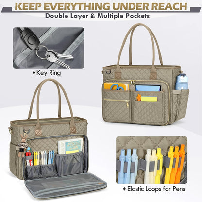 Teacher Tote Bag 15.6 inch Laptop Bag for Women Work Bags Laptop Tote Nurse Bag Professional Computer Messenger with Insulated Pocket, Laptop Briefcase for Office, College, Nursing, Khkai
