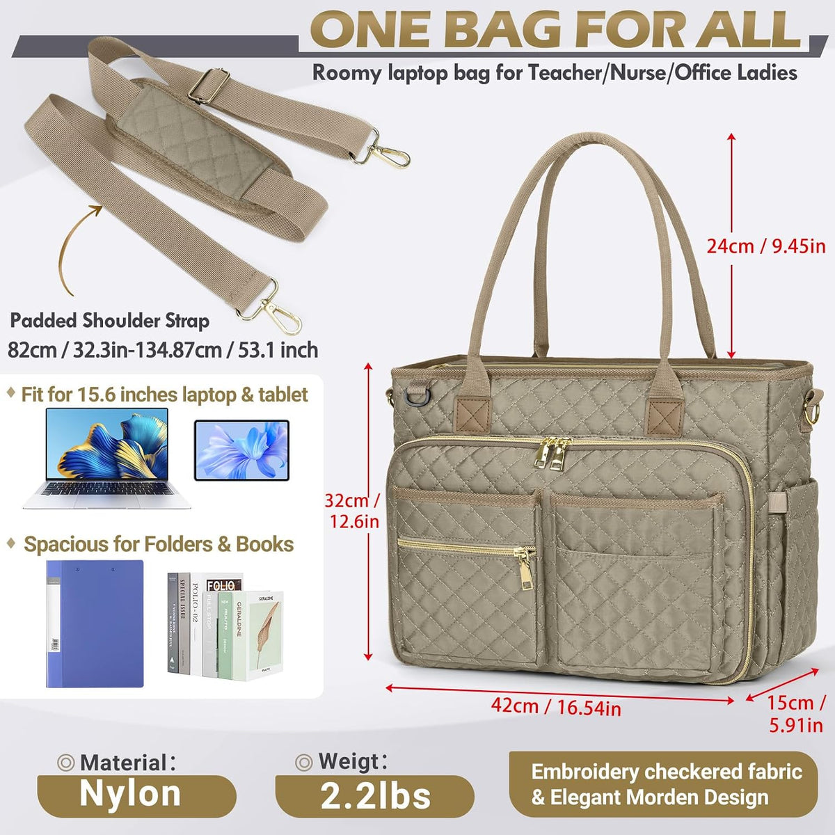 Teacher Tote Bag 15.6 inch Laptop Bag for Women Work Bags Laptop Tote Nurse Bag Professional Computer Messenger with Insulated Pocket, Laptop Briefcase for Office, College, Nursing, Khkai