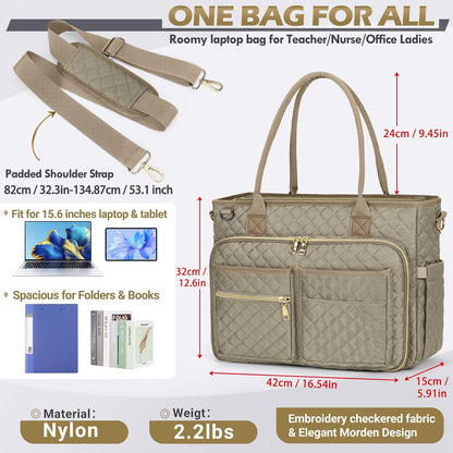 Teacher Tote Bag 15.6 inch Laptop Bag for Women Work Bags Laptop Tote Nurse Bag Professional Computer Messenger with Insulated Pocket, Laptop Briefcase for Office, College, Nursing, Khkai