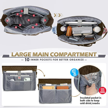 Teacher Tote Bag 15.6 inch Laptop Bag for Women Work Bags Laptop Tote Nurse Bag Professional Computer Messenger with Insulated Pocket, Laptop Briefcase for Office, College, Nursing, Khkai