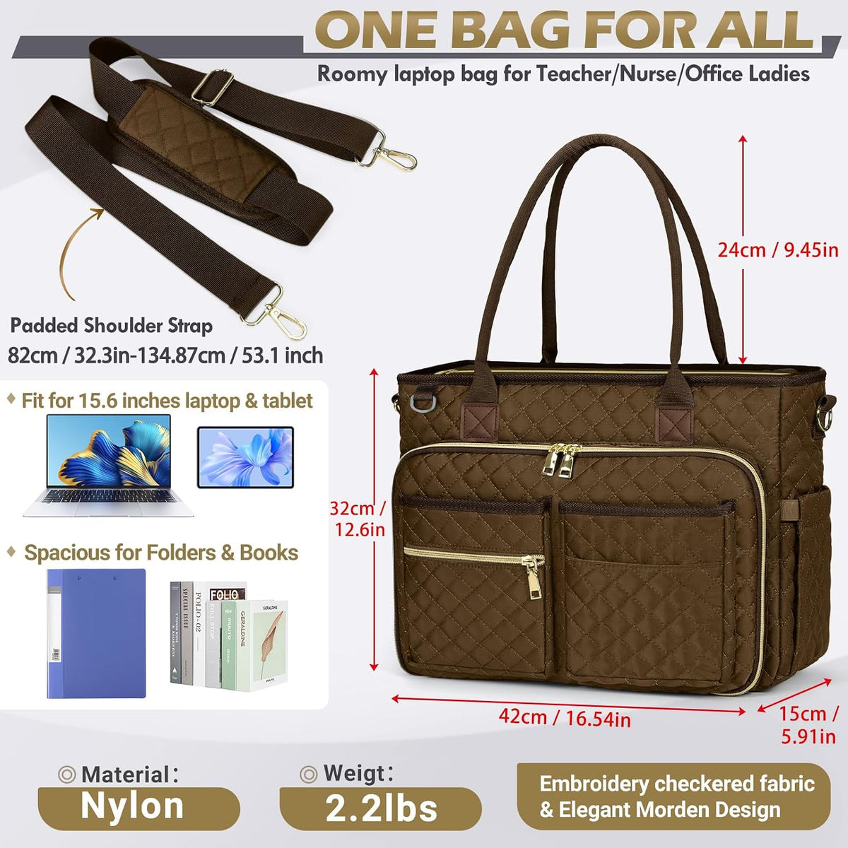 Teacher Tote Bag 15.6 inch Laptop Bag for Women Work Bags Laptop Tote Nurse Bag Professional Computer Messenger with Insulated Pocket, Laptop Briefcase for Office, College, Nursing, Khkai