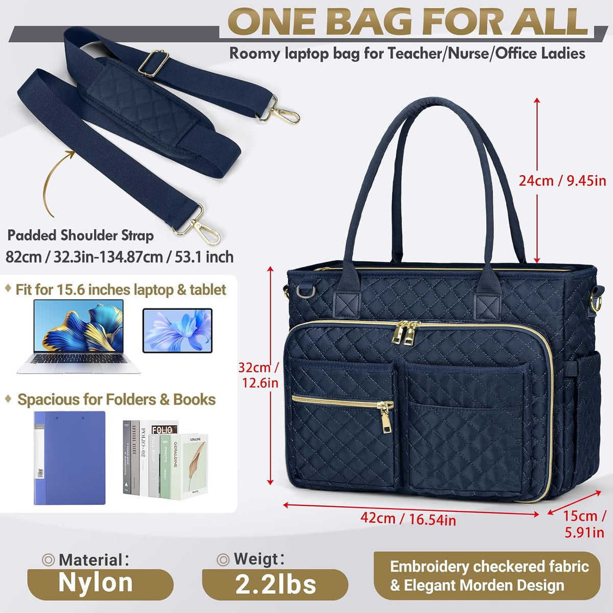 Teacher Tote Bag 15.6 inch Laptop Bag for Women Work Bags Laptop Tote Nurse Bag Professional Computer Messenger with Insulated Pocket, Laptop Briefcase for Office, College, Nursing, Khkai