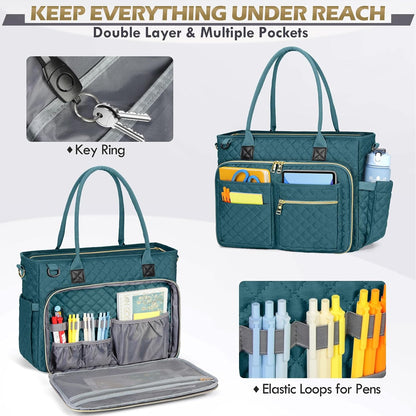 Teacher Tote Bag 15.6 inch Laptop Bag for Women Work Bags Laptop Tote Nurse Bag Professional Computer Messenger with Insulated Pocket, Laptop Briefcase for Office, College, Nursing, Khkai