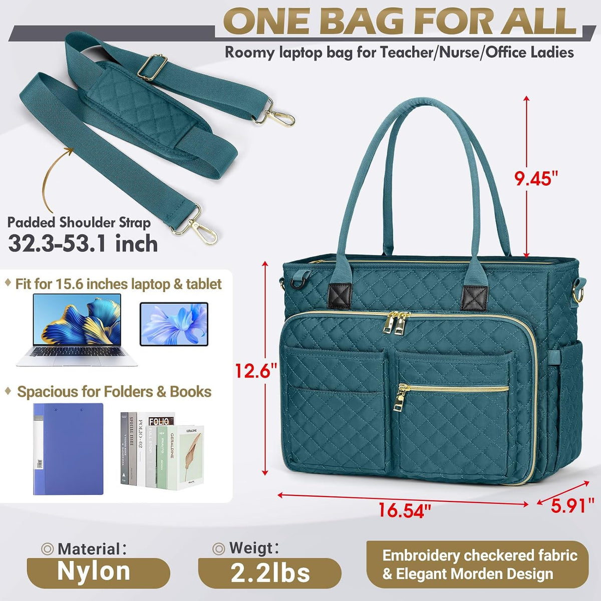 Teacher Tote Bag 15.6 inch Laptop Bag for Women Work Bags Laptop Tote Nurse Bag Professional Computer Messenger with Insulated Pocket, Laptop Briefcase for Office, College, Nursing, Khkai