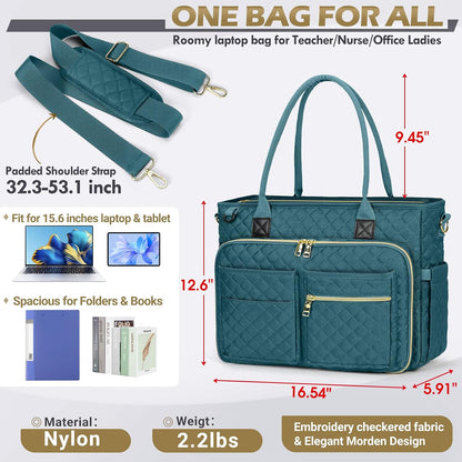 Teacher Tote Bag 15.6 inch Laptop Bag for Women Work Bags Laptop Tote Nurse Bag Professional Computer Messenger with Insulated Pocket, Laptop Briefcase for Office, College, Nursing, Khkai