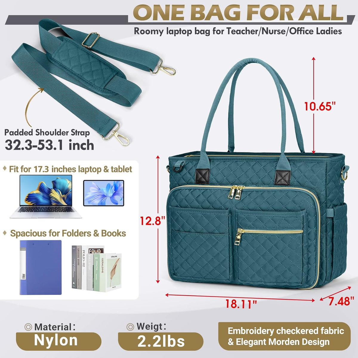 Teacher Tote Bag 15.6 inch Laptop Bag for Women Work Bags Laptop Tote Nurse Bag Professional Computer Messenger with Insulated Pocket, Laptop Briefcase for Office, College, Nursing, Khkai