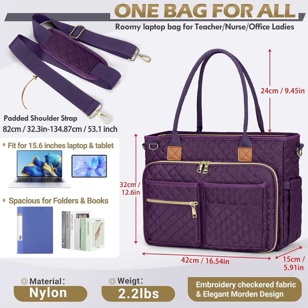 Teacher Tote Bag 15.6 inch Laptop Bag for Women Work Bags Laptop Tote Nurse Bag Professional Computer Messenger with Insulated Pocket, Laptop Briefcase for Office, College, Nursing, Khkai