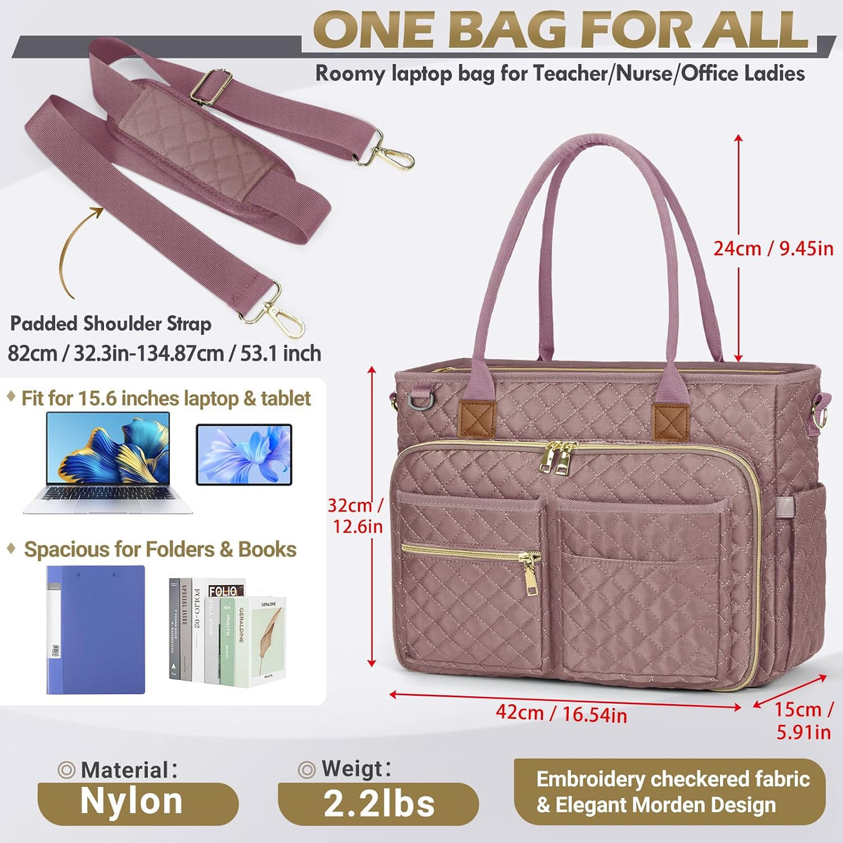 Teacher Tote Bag 15.6 inch Laptop Bag for Women Work Bags Laptop Tote Nurse Bag Professional Computer Messenger with Insulated Pocket, Laptop Briefcase for Office, College, Nursing, Khkai