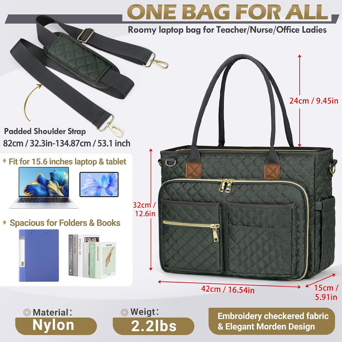Teacher Tote Bag 15.6 inch Laptop Bag for Women Work Bags Laptop Tote Nurse Bag Professional Computer Messenger with Insulated Pocket, Laptop Briefcase for Office, College, Nursing, Khkai