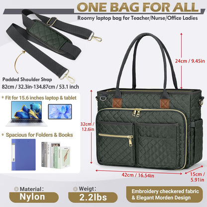 Teacher Tote Bag 15.6 inch Laptop Bag for Women Work Bags Laptop Tote Nurse Bag Professional Computer Messenger with Insulated Pocket, Laptop Briefcase for Office, College, Nursing, Khkai