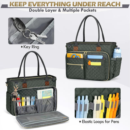Teacher Tote Bag 15.6 inch Laptop Bag for Women Work Bags Laptop Tote Nurse Bag Professional Computer Messenger with Insulated Pocket, Laptop Briefcase for Office, College, Nursing, Khkai