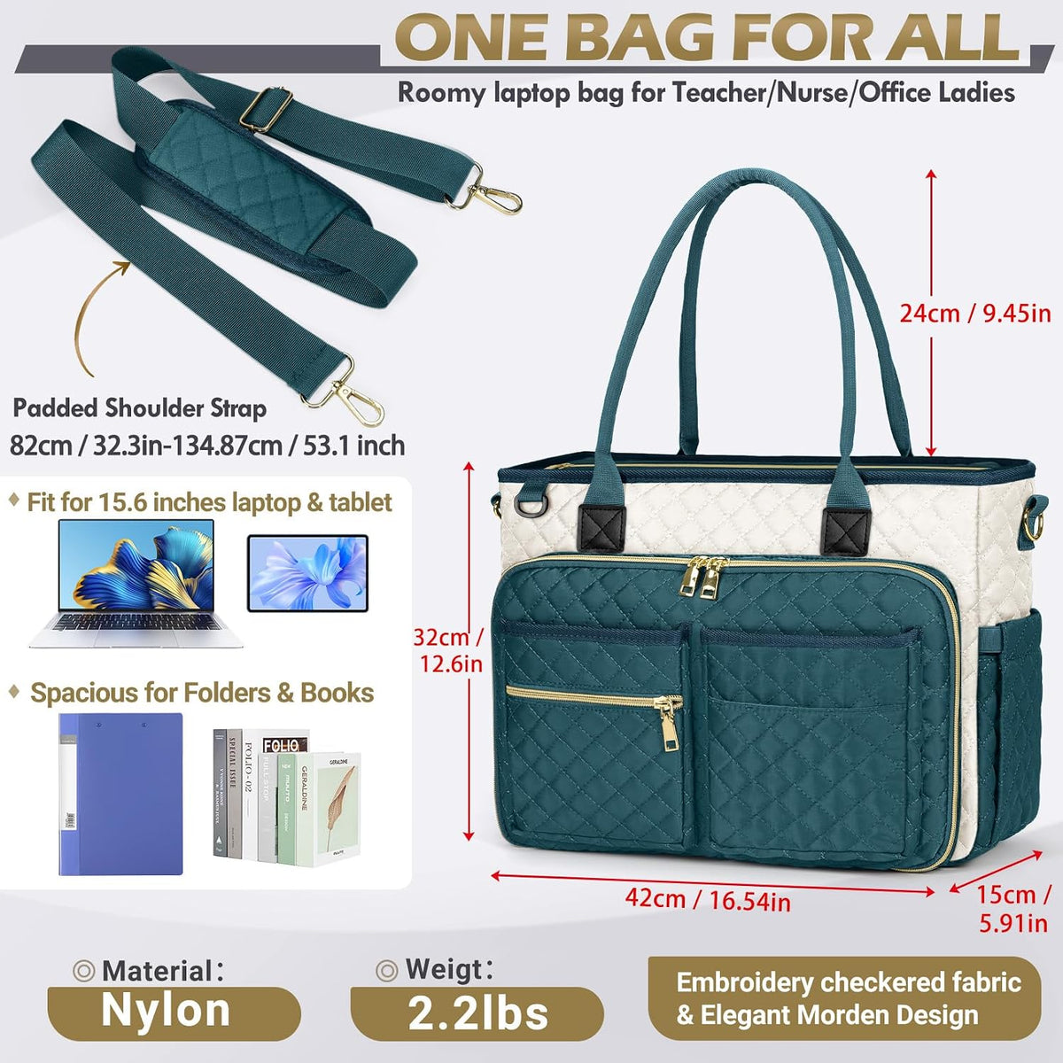 Teacher Tote Bag 15.6 inch Laptop Bag for Women Work Bags Laptop Tote Nurse Bag Professional Computer Messenger with Insulated Pocket, Laptop Briefcase for Office, College, Nursing, Khkai