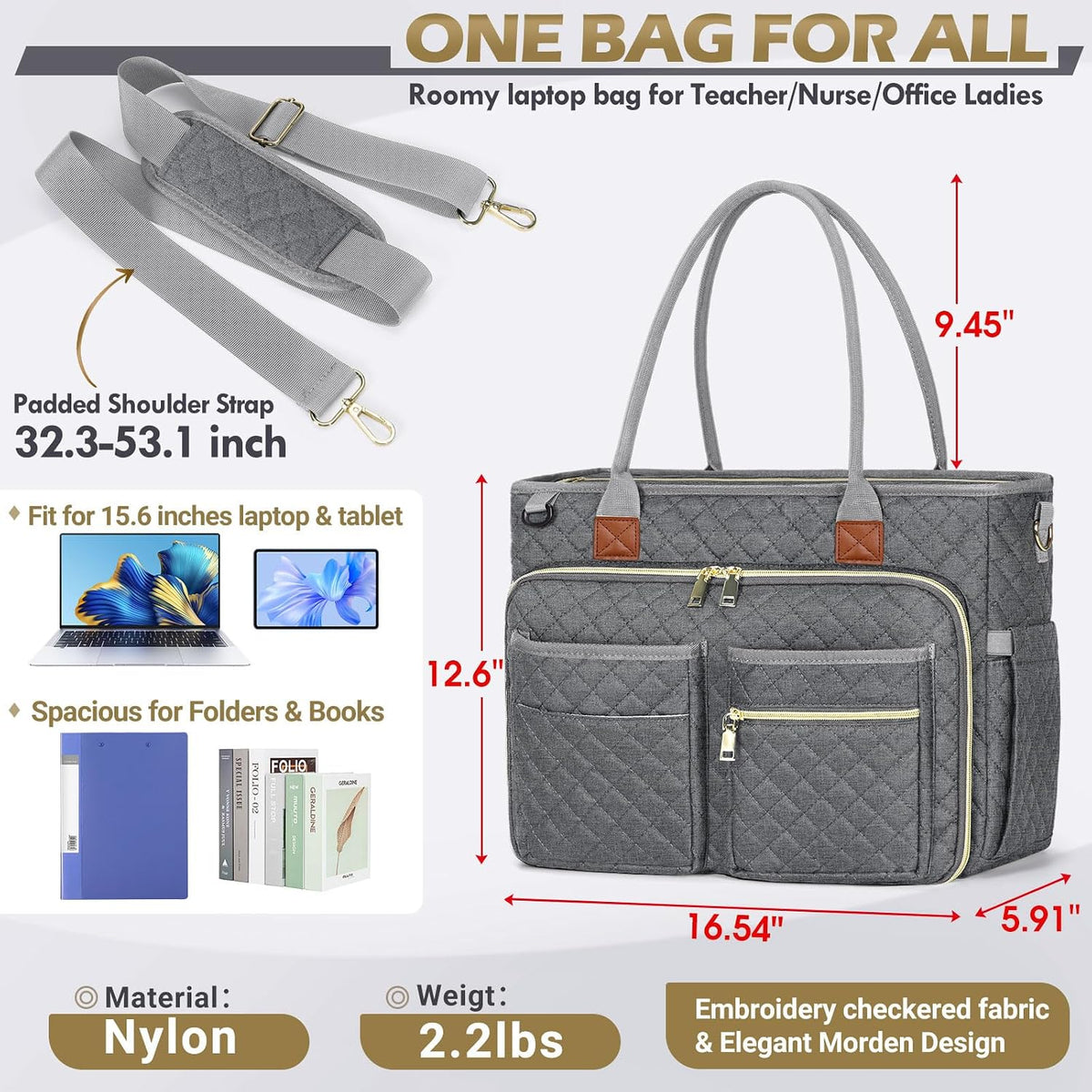 Teacher Tote Bag 15.6 inch Laptop Bag for Women Work Bags Laptop Tote Nurse Bag Professional Computer Messenger with Insulated Pocket, Laptop Briefcase for Office, College, Nursing, Khkai