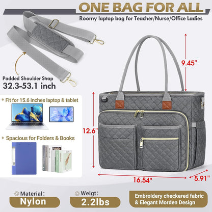 Teacher Tote Bag 15.6 inch Laptop Bag for Women Work Bags Laptop Tote Nurse Bag Professional Computer Messenger with Insulated Pocket, Laptop Briefcase for Office, College, Nursing, Khkai