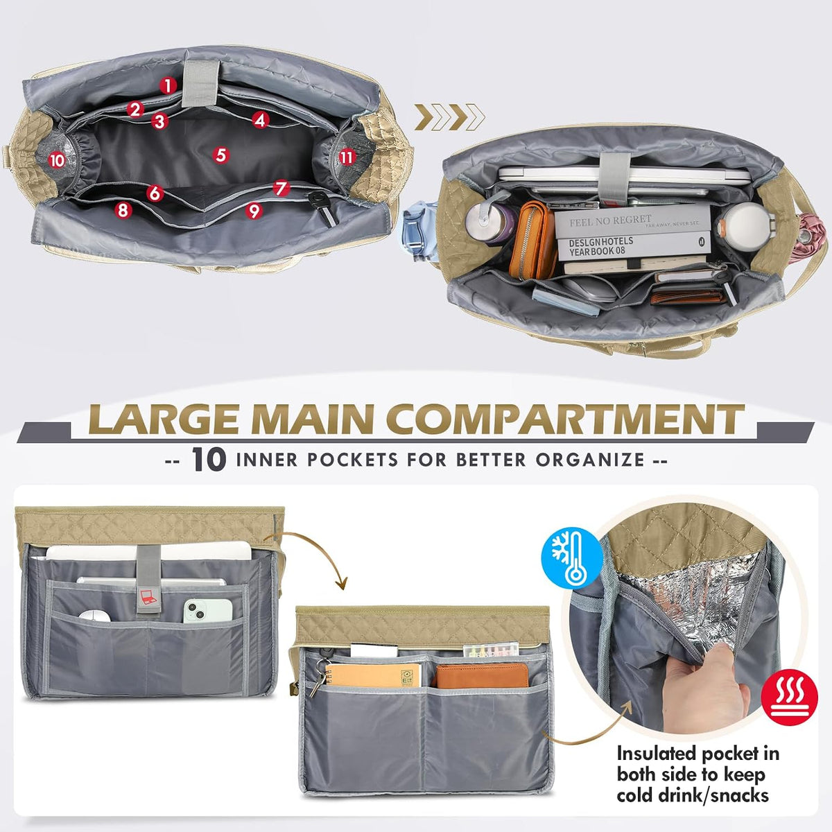 Teacher Tote Bag 15.6 inch Laptop Bag for Women Work Bags Laptop Tote Nurse Bag Professional Computer Messenger with Insulated Pocket, Laptop Briefcase for Office, College, Nursing, Khkai