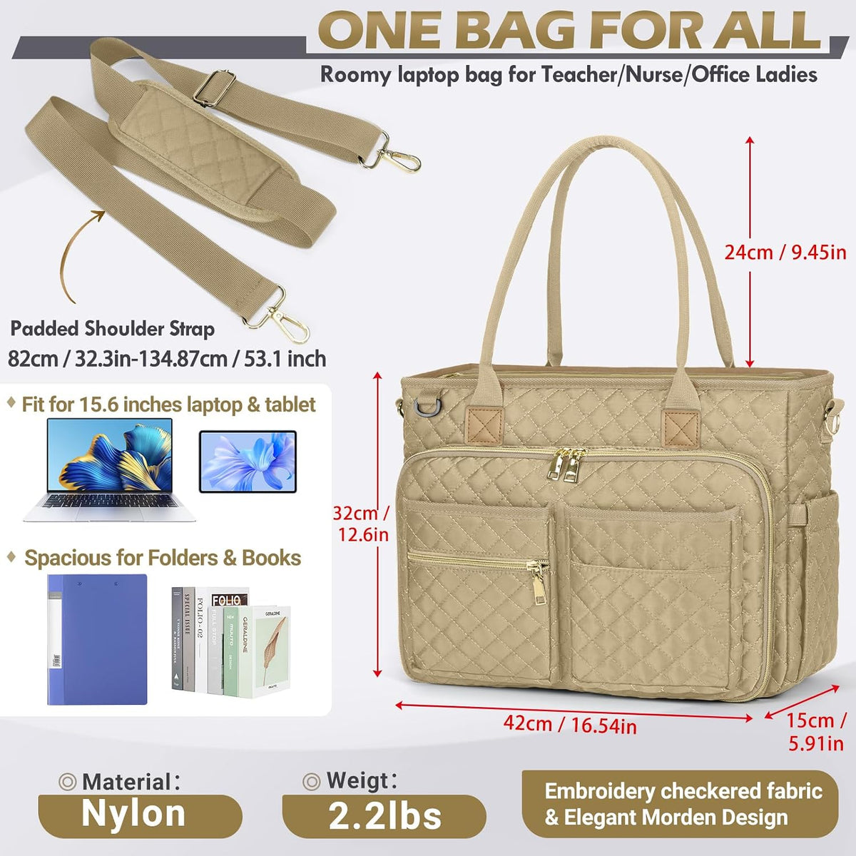 Teacher Tote Bag 15.6 inch Laptop Bag for Women Work Bags Laptop Tote Nurse Bag Professional Computer Messenger with Insulated Pocket, Laptop Briefcase for Office, College, Nursing, Khkai