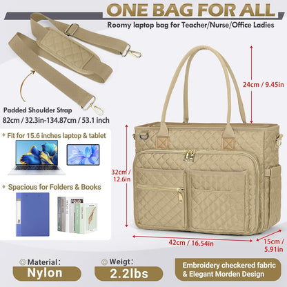 Teacher Tote Bag 15.6 inch Laptop Bag for Women Work Bags Laptop Tote Nurse Bag Professional Computer Messenger with Insulated Pocket, Laptop Briefcase for Office, College, Nursing, Khkai